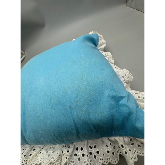 Handmade Blue Throw Pillow Cross Stitch Child bird Design White Lace Trim READ - Picture 7 of 8